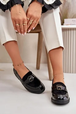 Mokasyny Damskie Lakierowane Z Misiem Czarne S.Barski HY42-339A