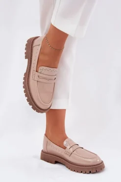 Mokasyny Damskie Lakierowane Ze Zdobieniem Beżowe Nallae