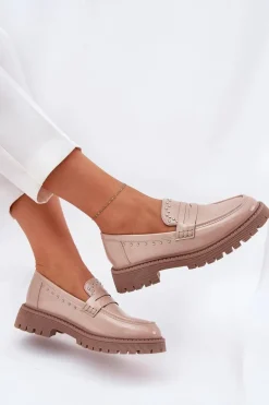 Mokasyny Damskie Lakierowane Ze Zdobieniem Beżowe Nallae