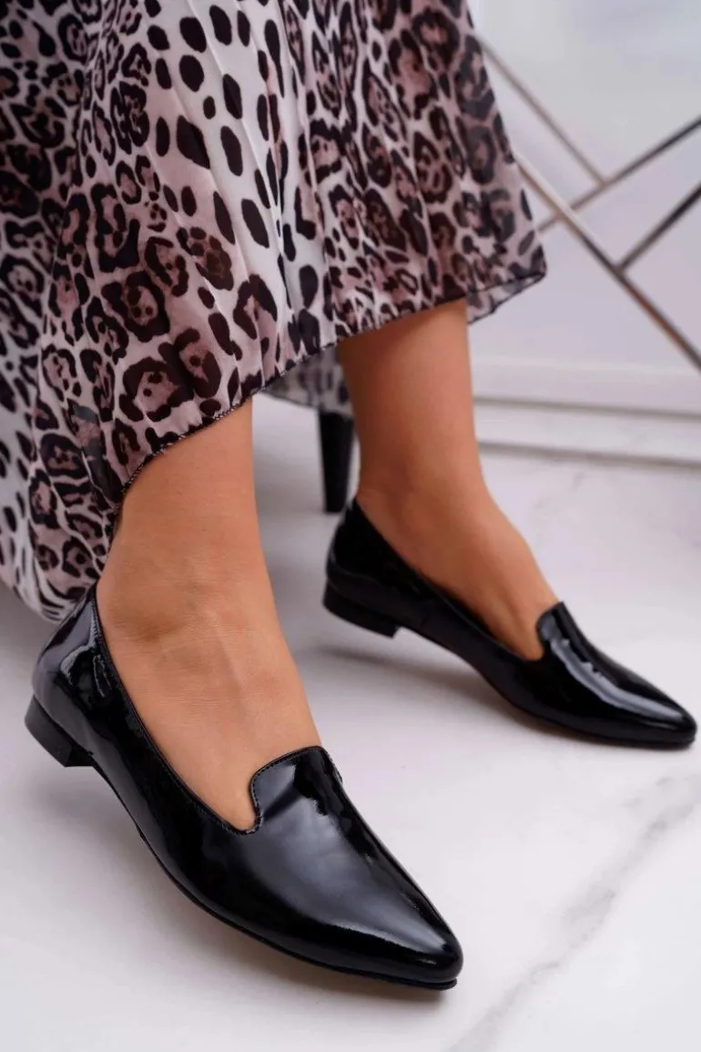 Mokasyny Damskie Lakierowane Loafery Czarne Sinedos