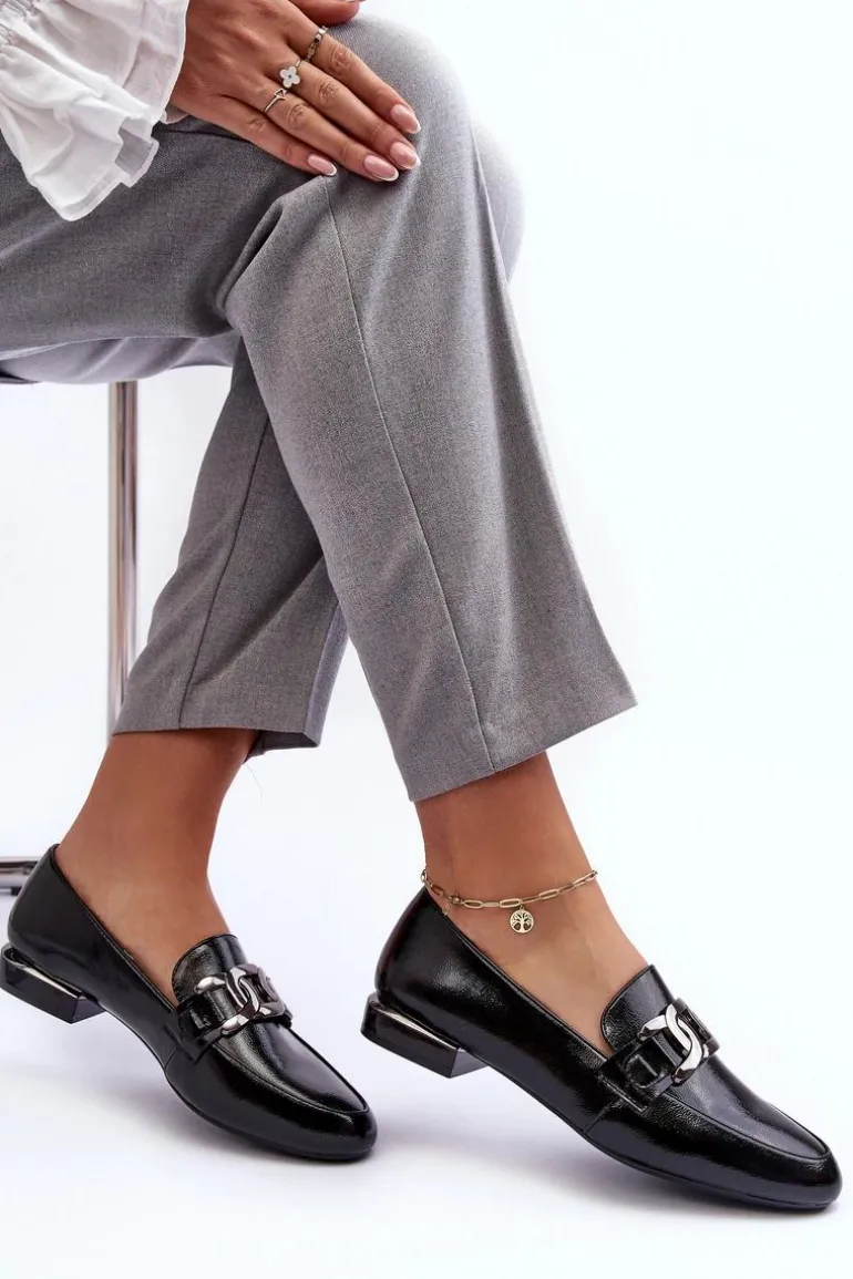 Mokasyny Damskie Lakierowane Z Ozdobą Czarne Camilena