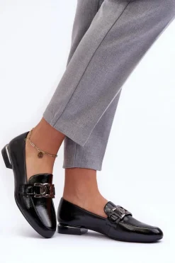 Mokasyny Damskie Lakierowane Z Ozdobą Czarne Camilena