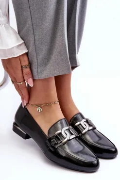 Mokasyny Damskie Lakierowane Z Ozdobą Czarne Camilena