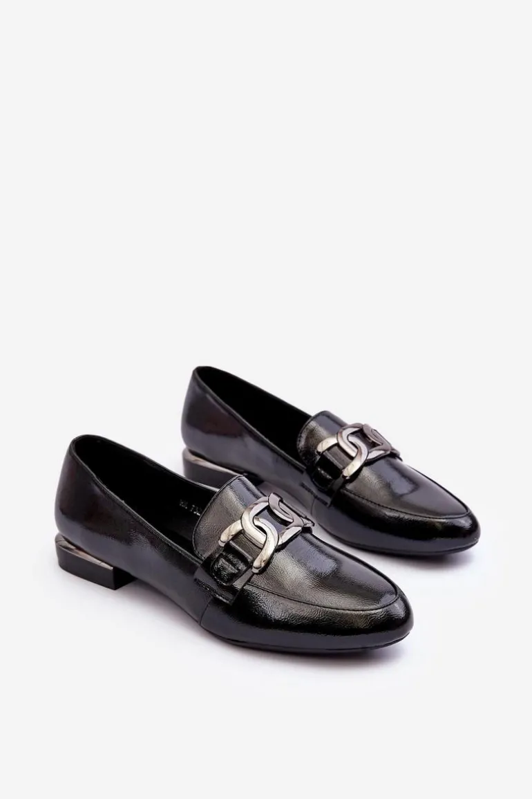 Mokasyny Damskie Lakierowane Z Ozdobą Czarne Camilena