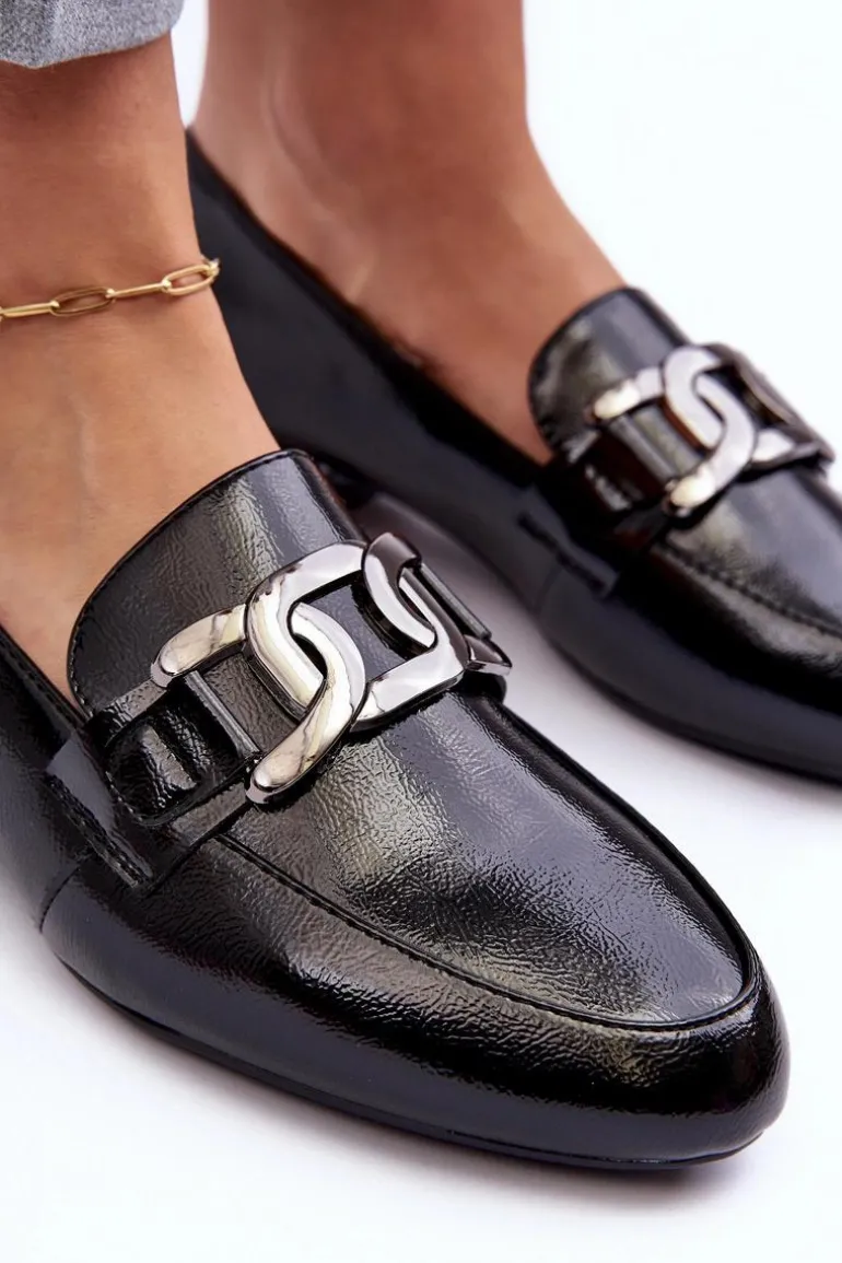 Mokasyny Damskie Lakierowane Z Ozdobą Czarne Camilena