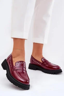Mokasyny Damskie Lakierowane Ze Zdobieniem Bordowe Nallae