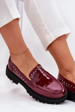 Mokasyny Damskie Lakierowane Ze Zdobieniem Bordowe Nallae