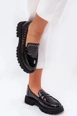 Mokasyny Damskie Lakierowane Ze Zdobieniem Czarne Nallae