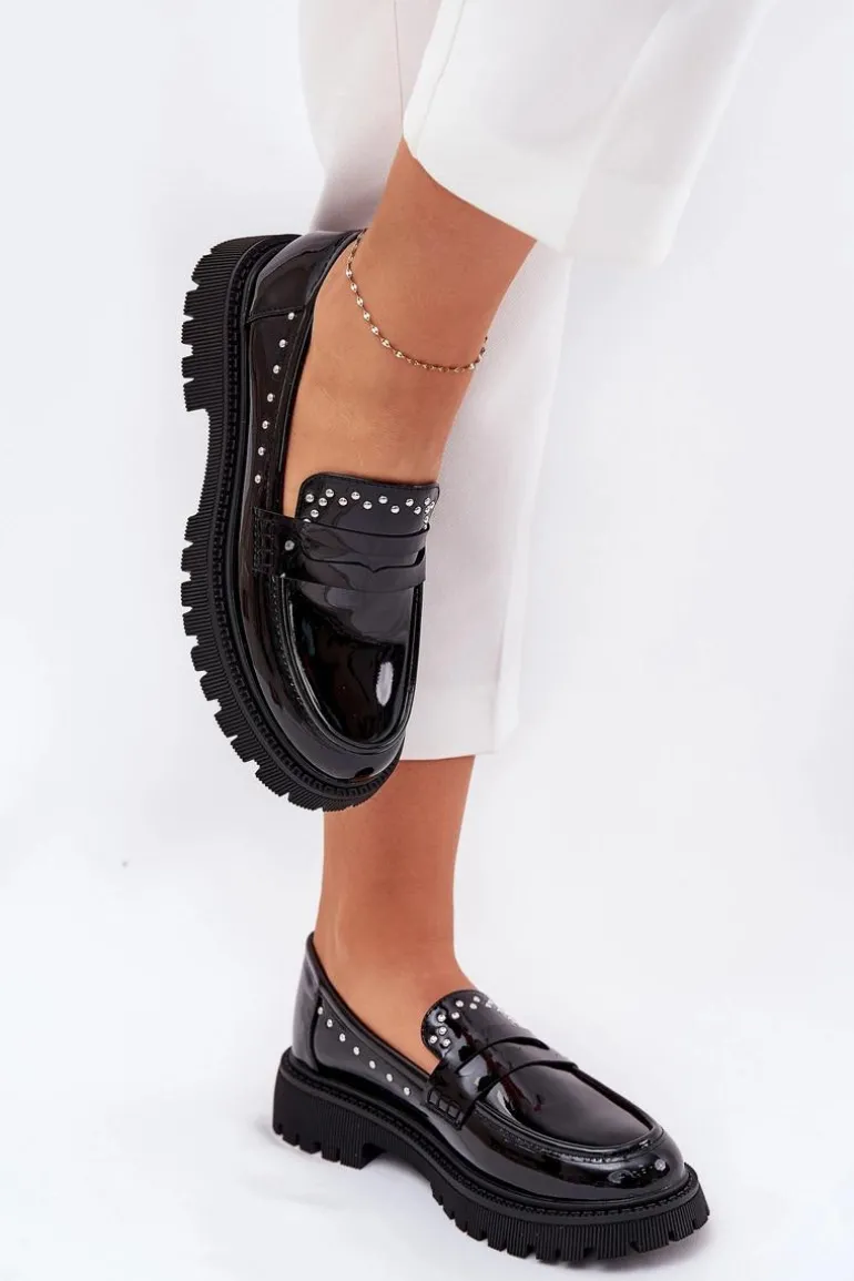 Mokasyny Damskie Lakierowane Ze Zdobieniem Czarne Nallae