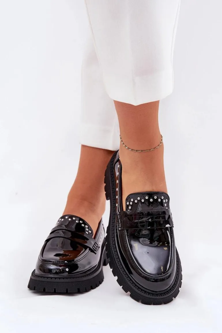 Mokasyny Damskie Lakierowane Ze Zdobieniem Czarne Nallae