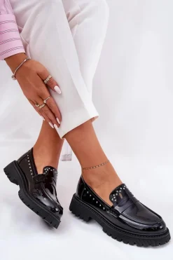 Mokasyny Damskie Lakierowane Ze Zdobieniem Czarne Nallae