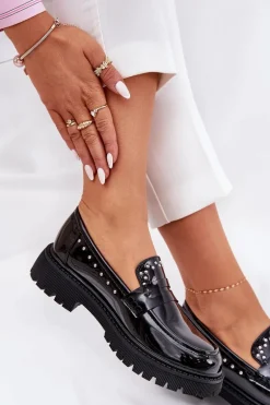 Mokasyny Damskie Lakierowane Ze Zdobieniem Czarne Nallae