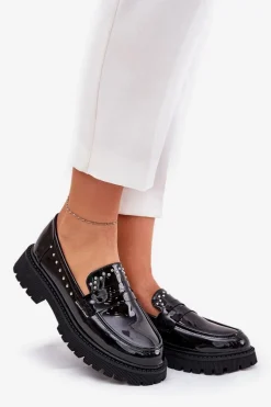 Mokasyny Damskie Lakierowane Ze Zdobieniem Czarne Nallae