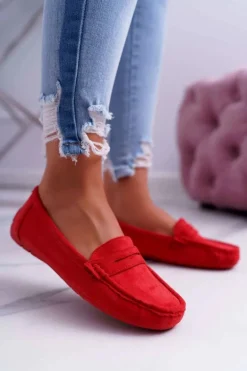 Mokasyny Damskie Lekkie Eko-zamsz Czerwone Limez