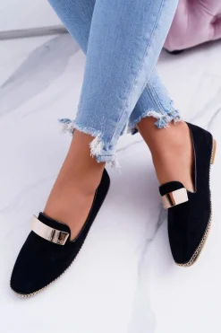 Mokasyny Damskie Lu Boo Czarne Złoty Łańcuch Panama