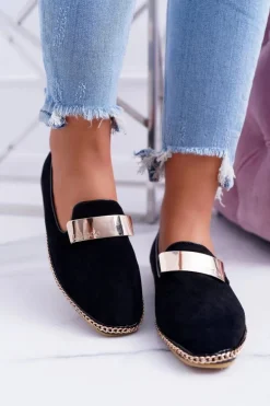 Mokasyny Damskie Lu Boo Czarne Złoty Łańcuch Panama
