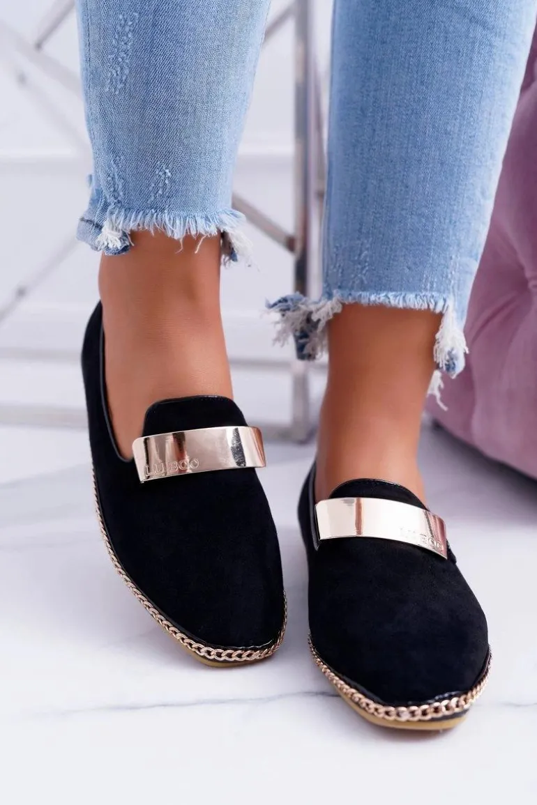 Mokasyny Damskie Lu Boo Czarne Złoty Łańcuch Panama