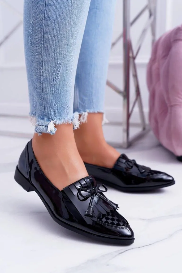 Mokasyny Damskie Lu Boo Czarne Lakierowane Loafer