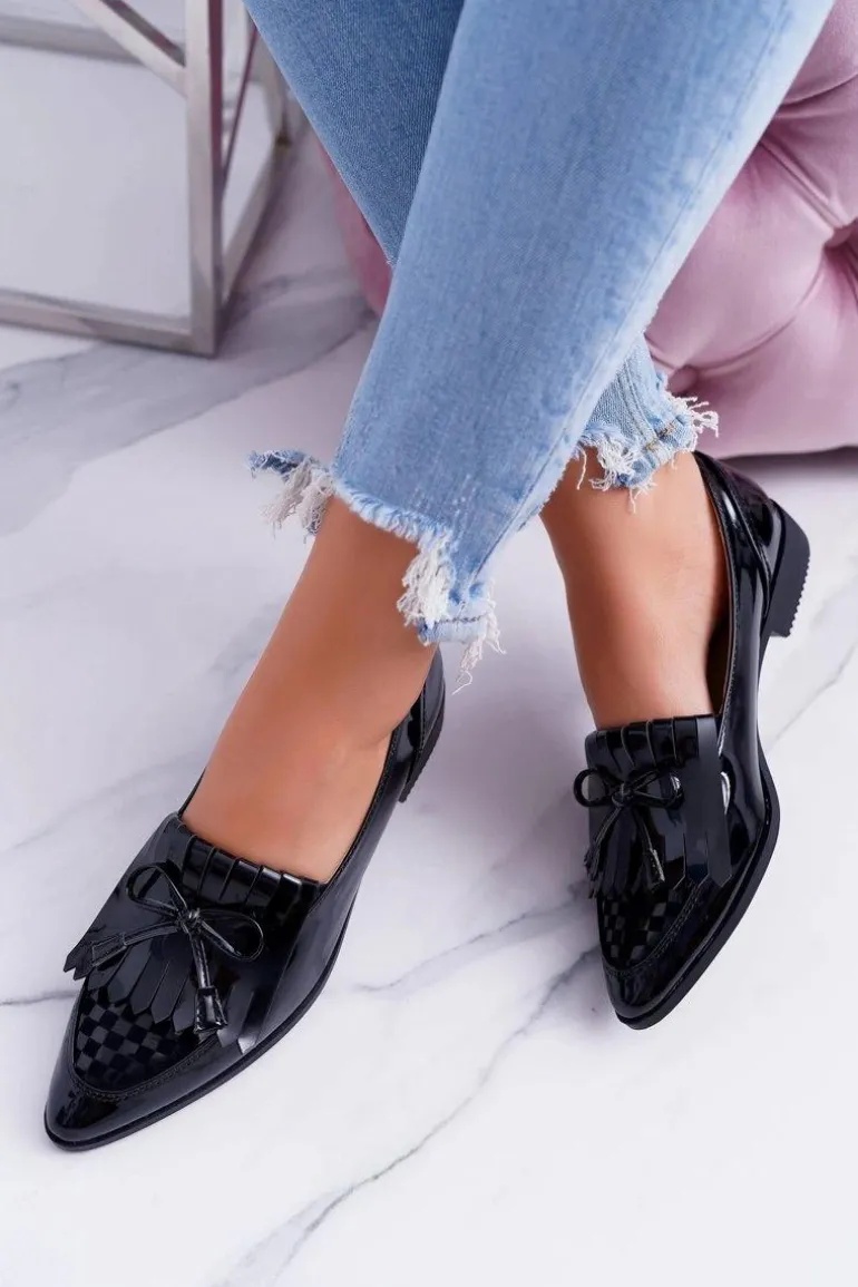 Mokasyny Damskie Lu Boo Czarne Lakierowane Loafer