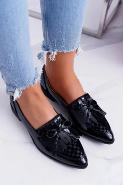 Mokasyny Damskie Lu Boo Czarne Lakierowane Loafer