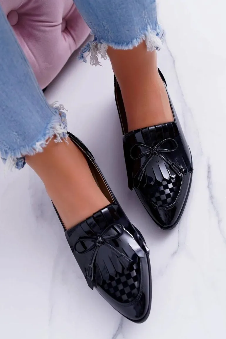 Mokasyny Damskie Lu Boo Czarne Lakierowane Loafer