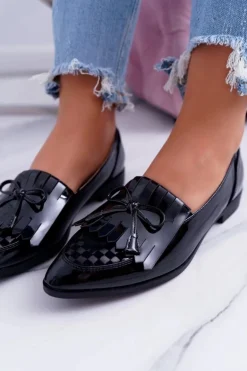 Mokasyny Damskie Lu Boo Czarne Lakierowane Loafer