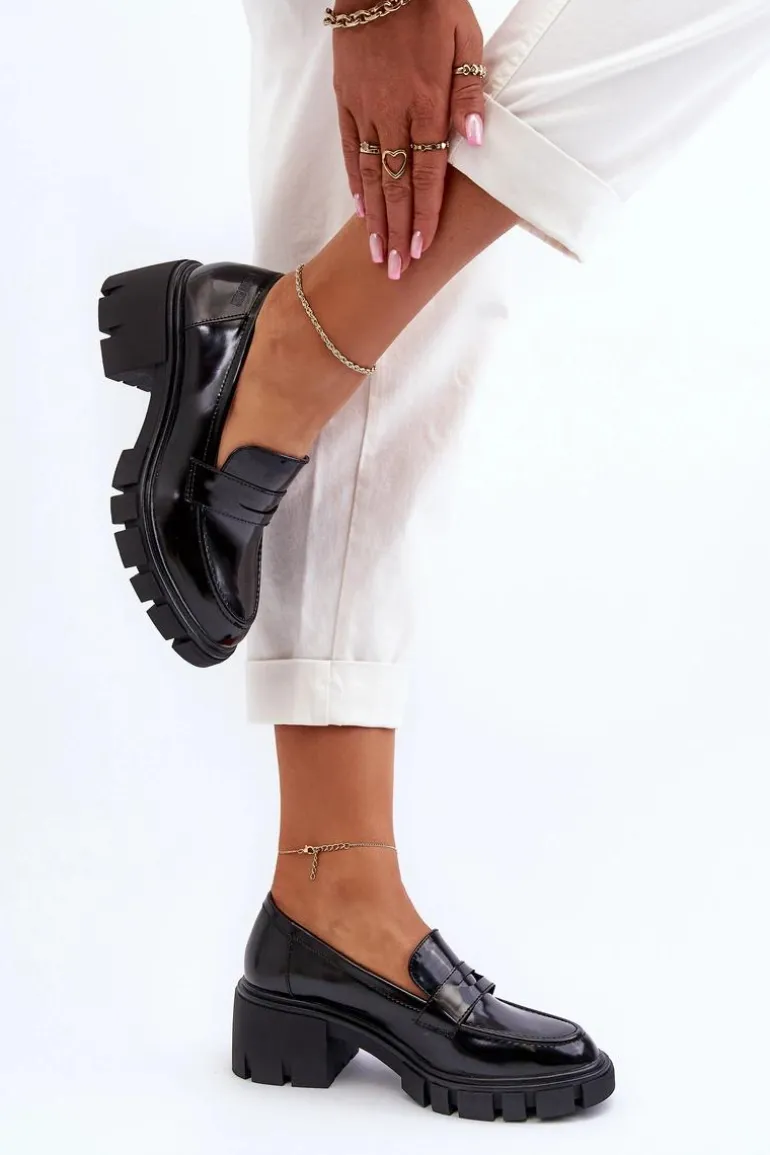 Mokasyny Damskie Na Masywnym Obcasie Big Star NN274055 Czarne