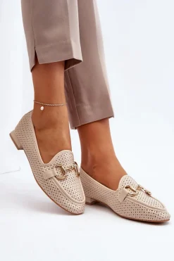 Mokasyny Damskie Na Płaskim Obcasie Z Ozdobą Beżowe Iluvana