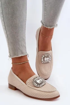 Mokasyny Damskie Na Płaskim Obcasie Z Broszką Beżowe D&A MR38-676