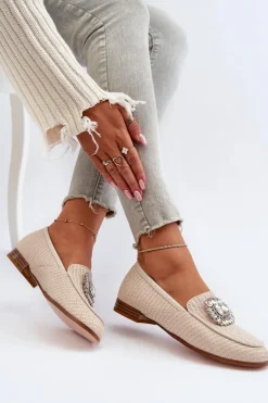 Mokasyny Damskie Na Płaskim Obcasie Z Broszką Beżowe D&A MR38-676