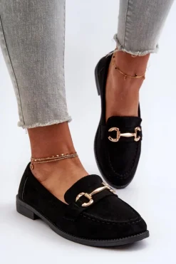 Mokasyny Damskie Na Płaskim Obcasie Z Ozdobą Czarne Aviole