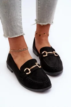 Mokasyny Damskie Na Płaskim Obcasie Z Ozdobą Czarne Aviole