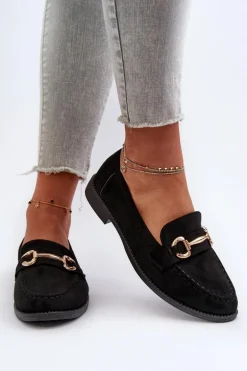 Mokasyny Damskie Na Płaskim Obcasie Z Ozdobą Czarne Aviole
