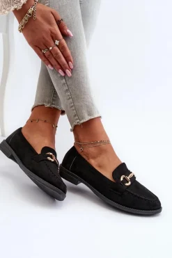 Mokasyny Damskie Na Płaskim Obcasie Z Ozdobą Czarne Aviole