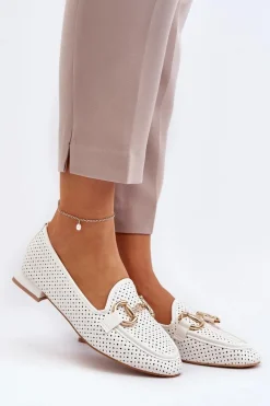 Mokasyny Damskie Na Płaskim Obcasie Z Ozdobą Białe Iluvana