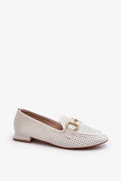 Mokasyny Damskie Na Płaskim Obcasie Z Ozdobą Białe Iluvana