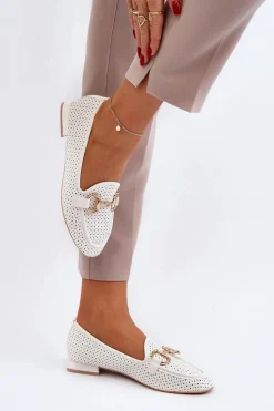 Mokasyny Damskie Na Płaskim Obcasie Z Ozdobą Białe Iluvana