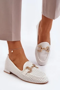 Mokasyny Damskie Na Płaskim Obcasie Z Ozdobą Białe Iluvana