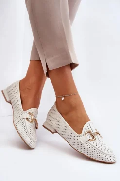 Mokasyny Damskie Na Płaskim Obcasie Z Ozdobą Białe Iluvana