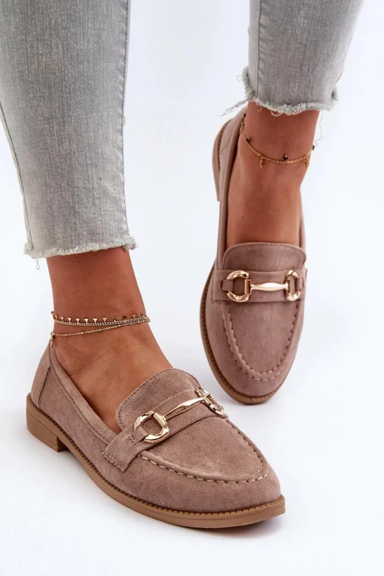 Mokasyny Damskie Na Płaskim Obcasie Z Ozdobą Ciemnobeżowe Aviole