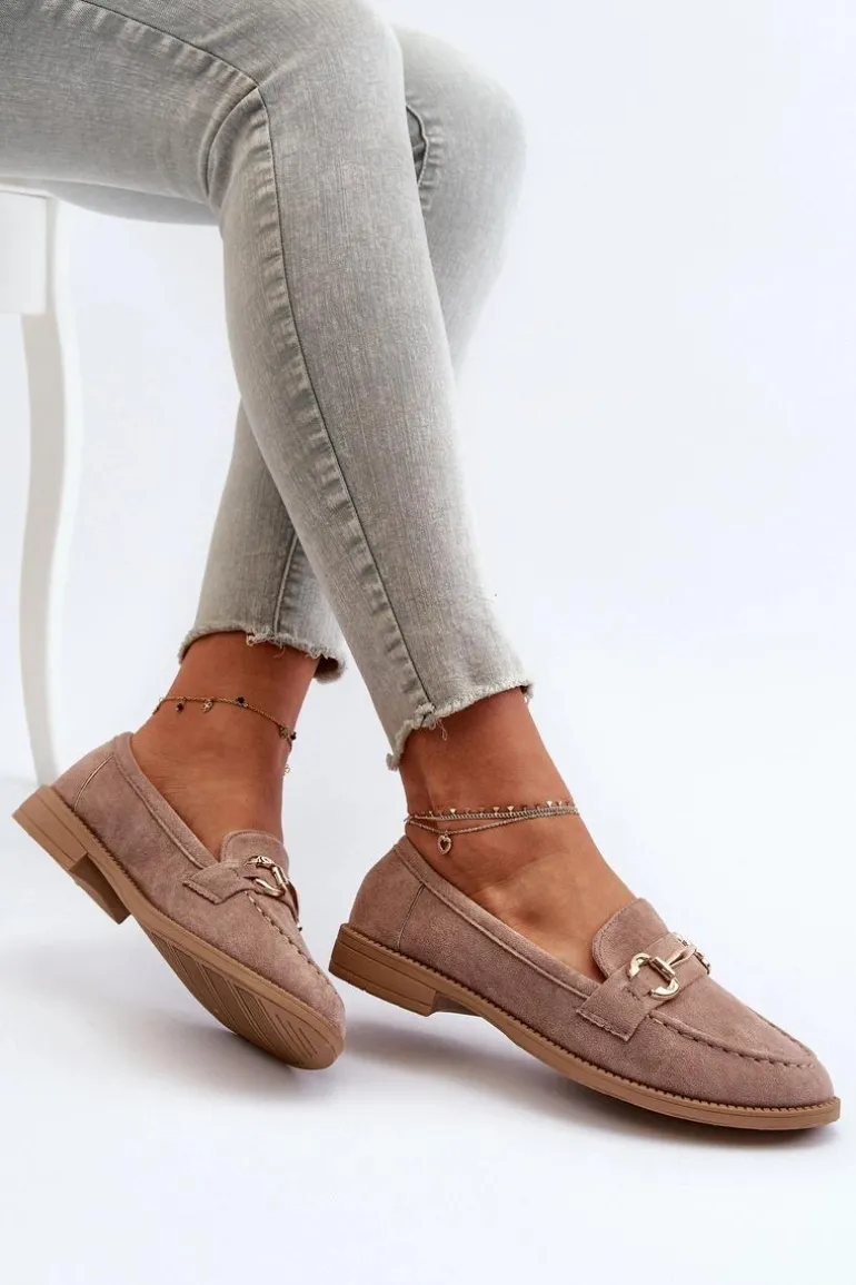 Mokasyny Damskie Na Płaskim Obcasie Z Ozdobą Ciemnobeżowe Aviole