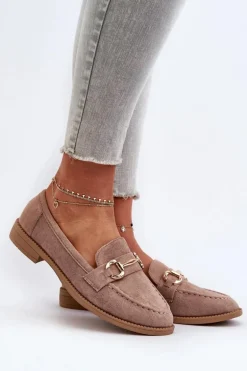 Mokasyny Damskie Na Płaskim Obcasie Z Ozdobą Ciemnobeżowe Aviole