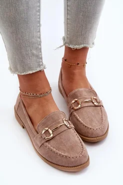Mokasyny Damskie Na Płaskim Obcasie Z Ozdobą Ciemnobeżowe Aviole
