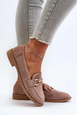 Mokasyny Damskie Na Płaskim Obcasie Z Ozdobą Ciemnobeżowe Aviole