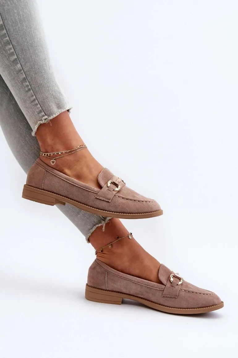 Mokasyny Damskie Na Płaskim Obcasie Z Ozdobą Ciemnobeżowe Aviole