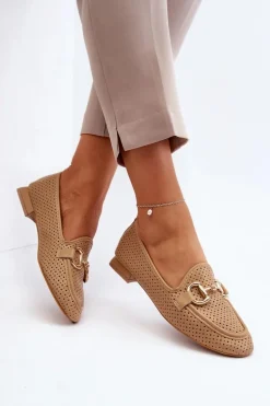 Mokasyny Damskie Na Płaskim Obcasie Z Ozdobą Camel Iluvana