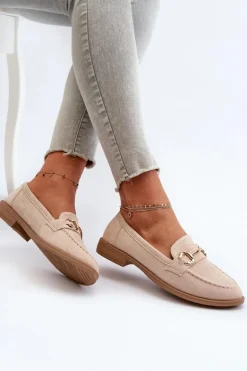 Mokasyny Damskie Na Płaskim Obcasie Z Ozdobą Beżowe Aviole