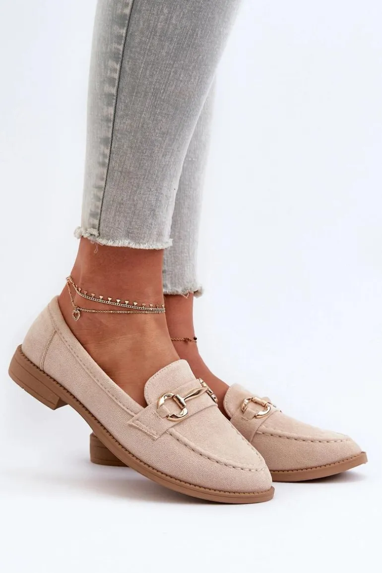 Mokasyny Damskie Na Płaskim Obcasie Z Ozdobą Beżowe Aviole