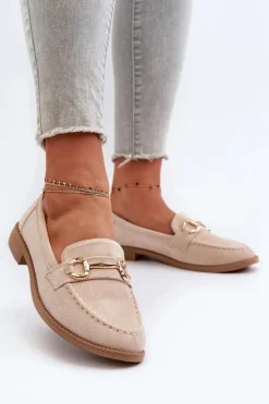 Mokasyny Damskie Na Płaskim Obcasie Z Ozdobą Beżowe Aviole