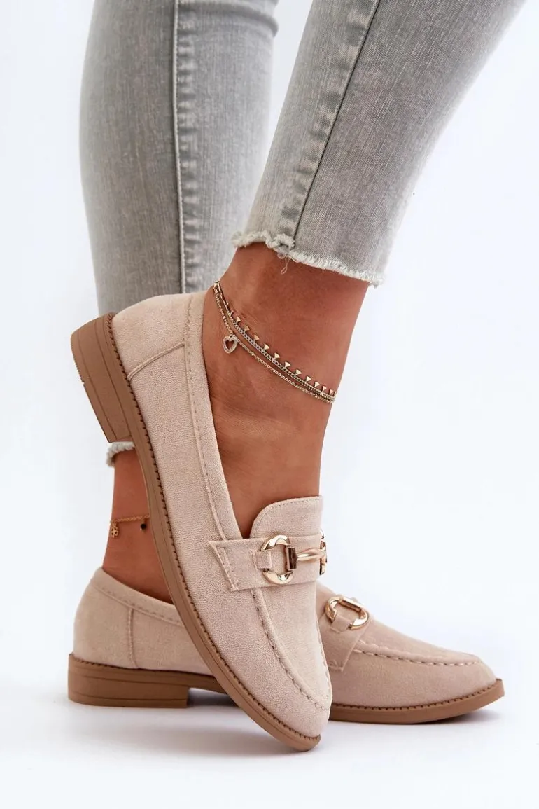 Mokasyny Damskie Na Płaskim Obcasie Z Ozdobą Beżowe Aviole